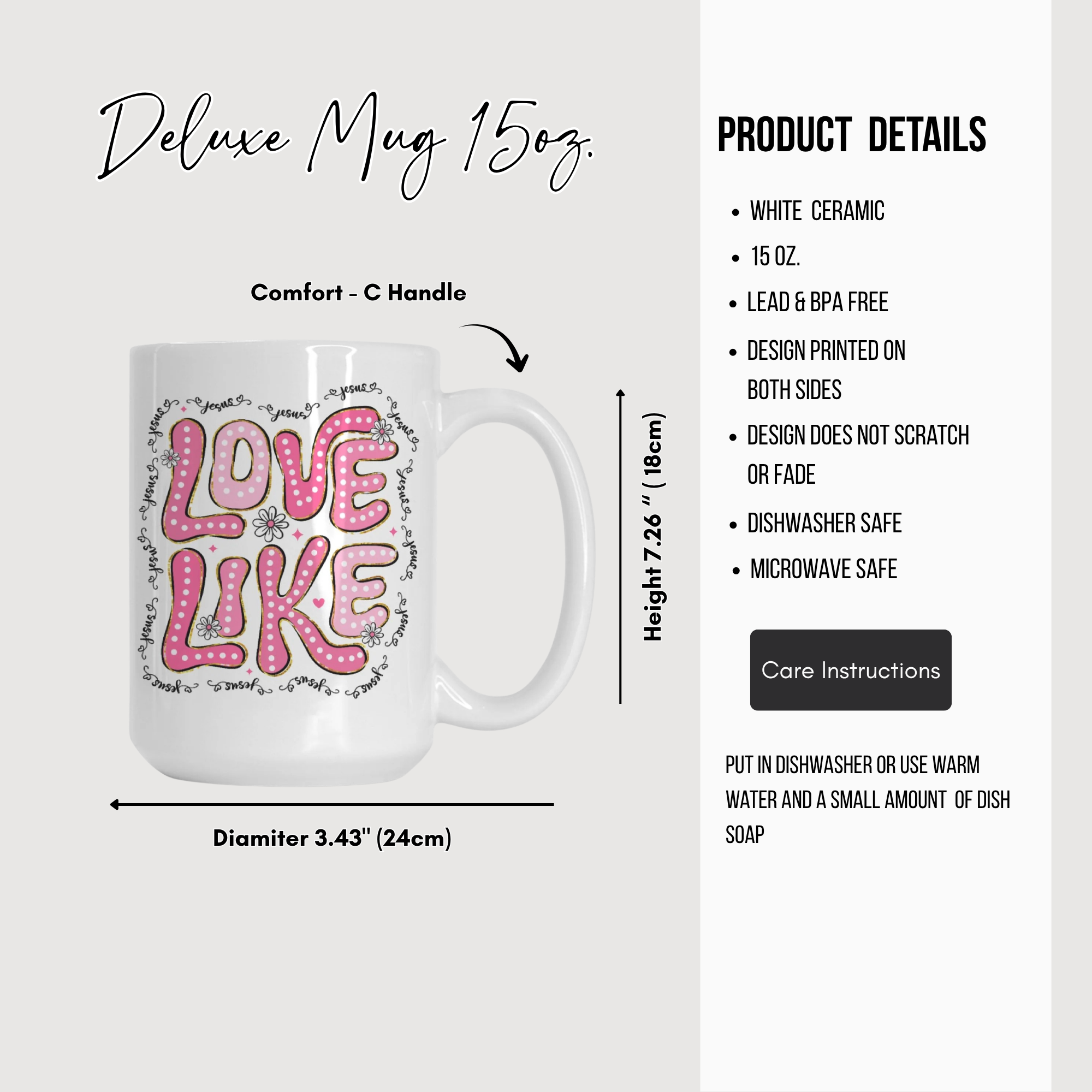 White ceramic mug with 'LOVE LIKE' design, featuring dimensions and product details.