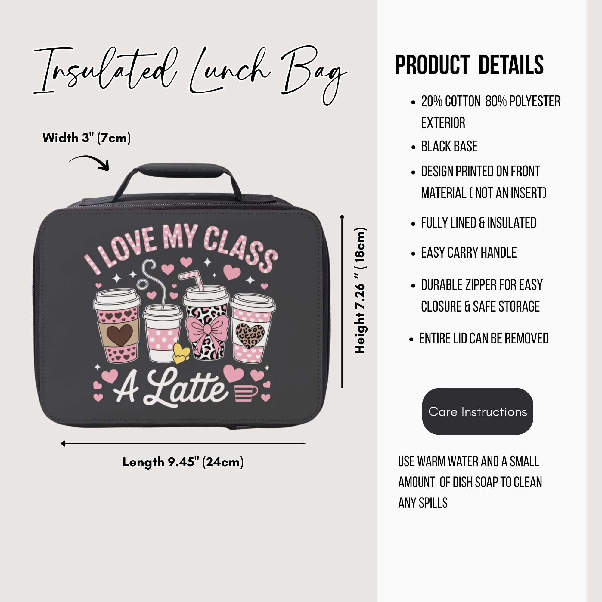 Insulated lunch bag with 'I Love My Class A Latte' design and product details on a white background
