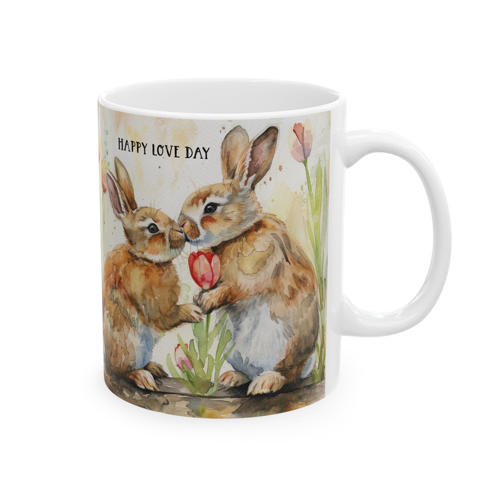 11oz ceramic mug with two rabbits holding a tulip and 'Happy Love Day' text on a white background