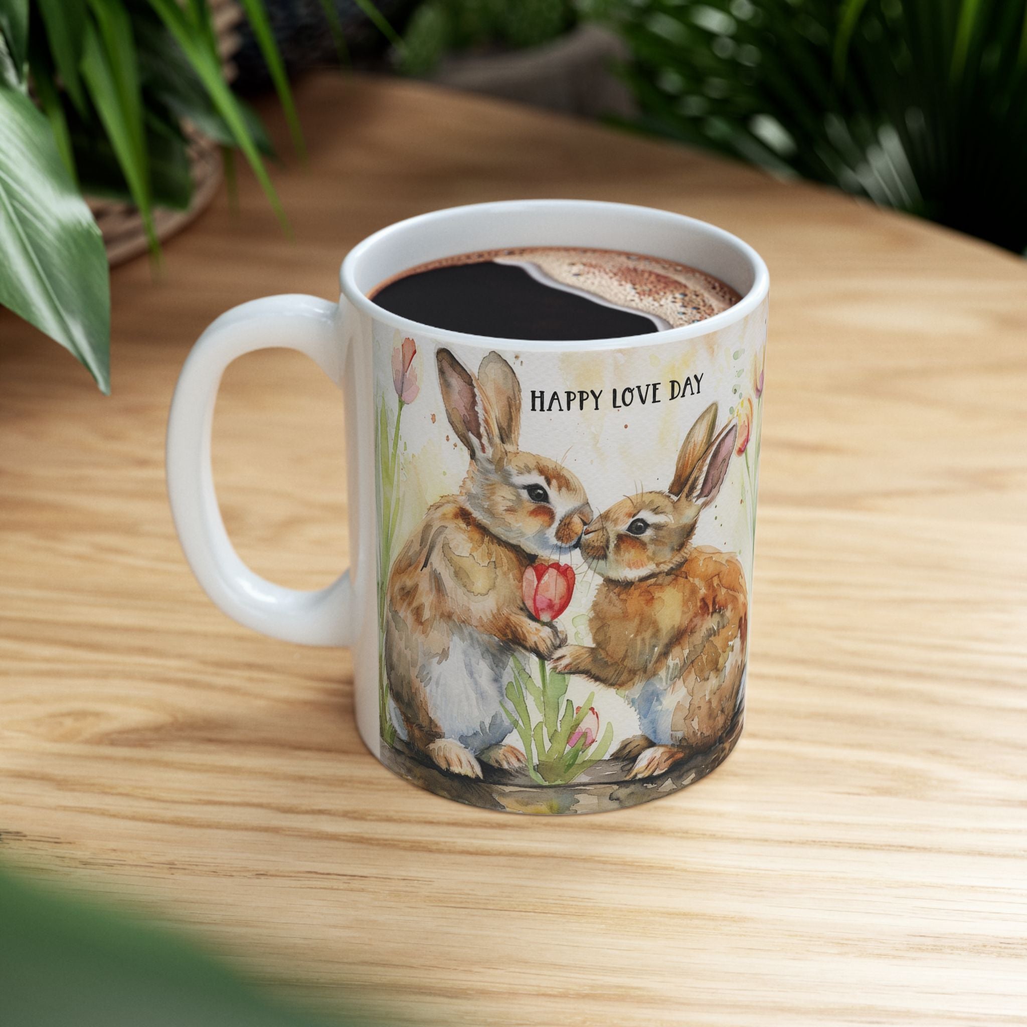 Mug with rabbit design and 'Happy Love Day' text on a wooden table