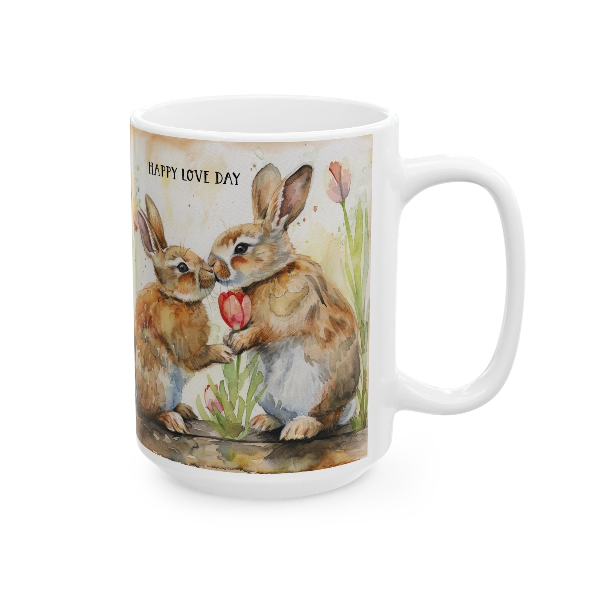 15 oz ceramic mug with rabbit design and 'Happy Love Day' text on a white background