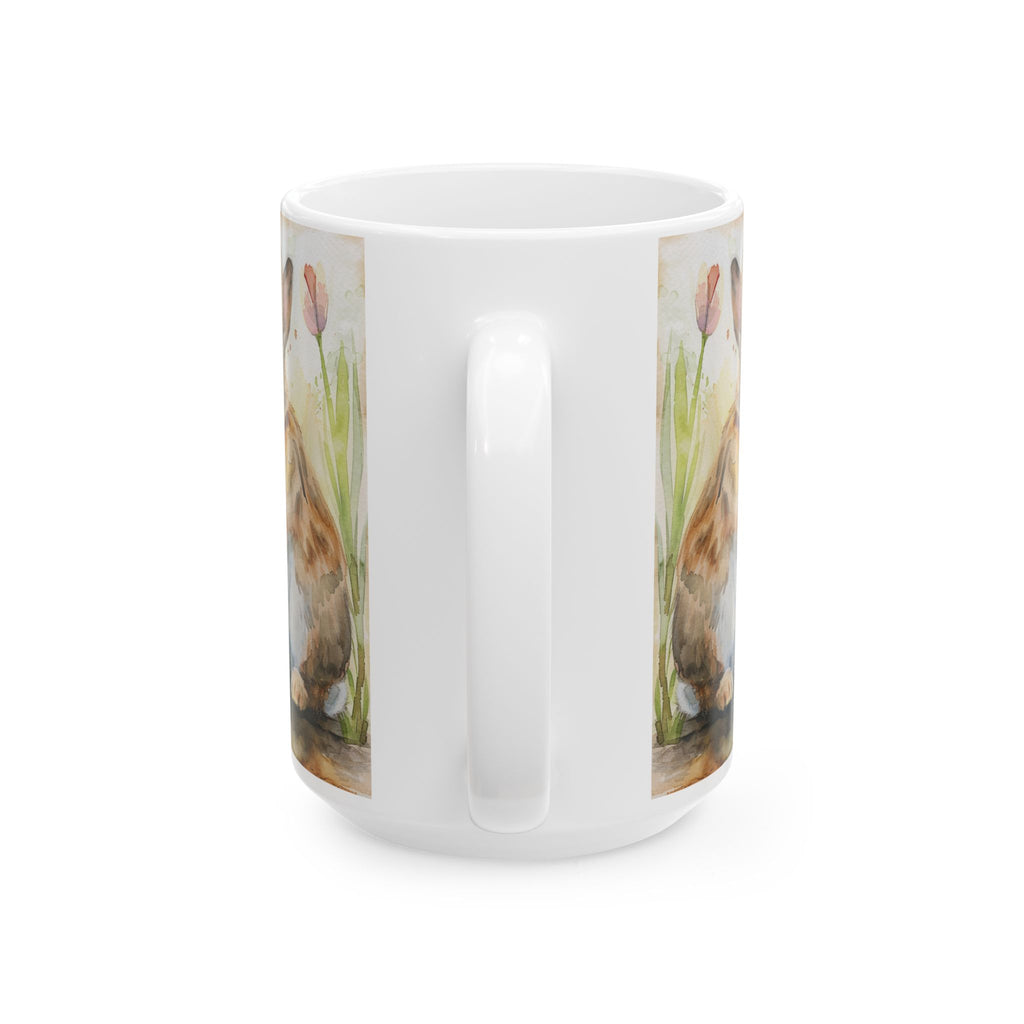 Back side of a 15oz white mug with nature-themed design featuring animals and plants on a white background