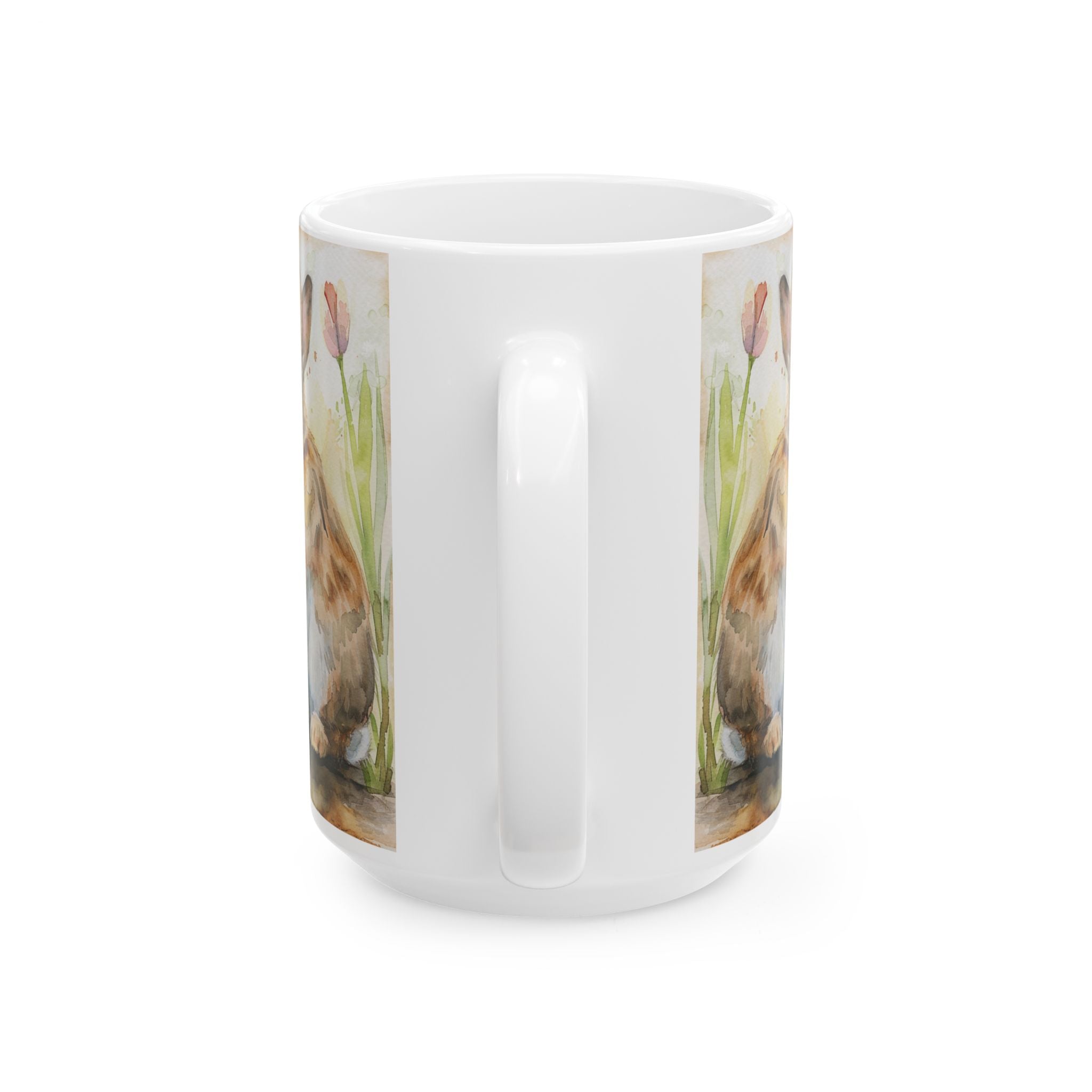 Back side of a 15oz white mug with nature-themed design featuring animals and plants on a white background