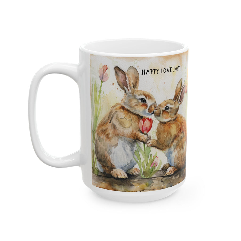 15oz Mug with rabbit design and 'Happy Love Day' text on a white background