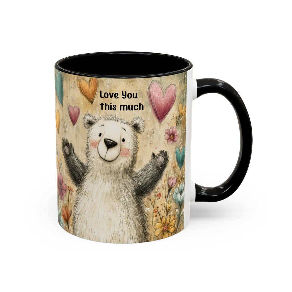 11 oz black accent mug with a bear illustration and text 'Love You this much' on a white background