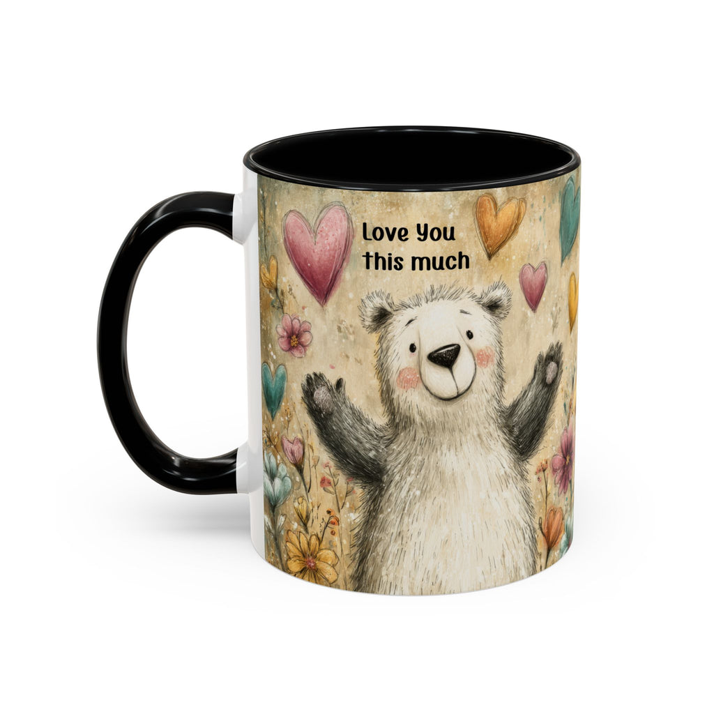 11oz. black accent mug with a bear illustration and text 'Love You this much' on a white background