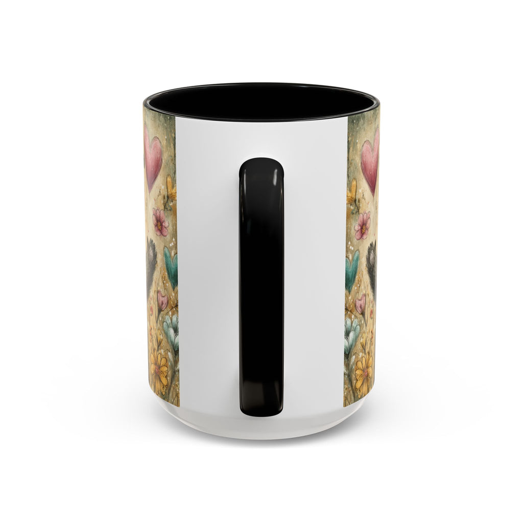 Back side of a 15oz. black accent mug with floral pattern on a white background