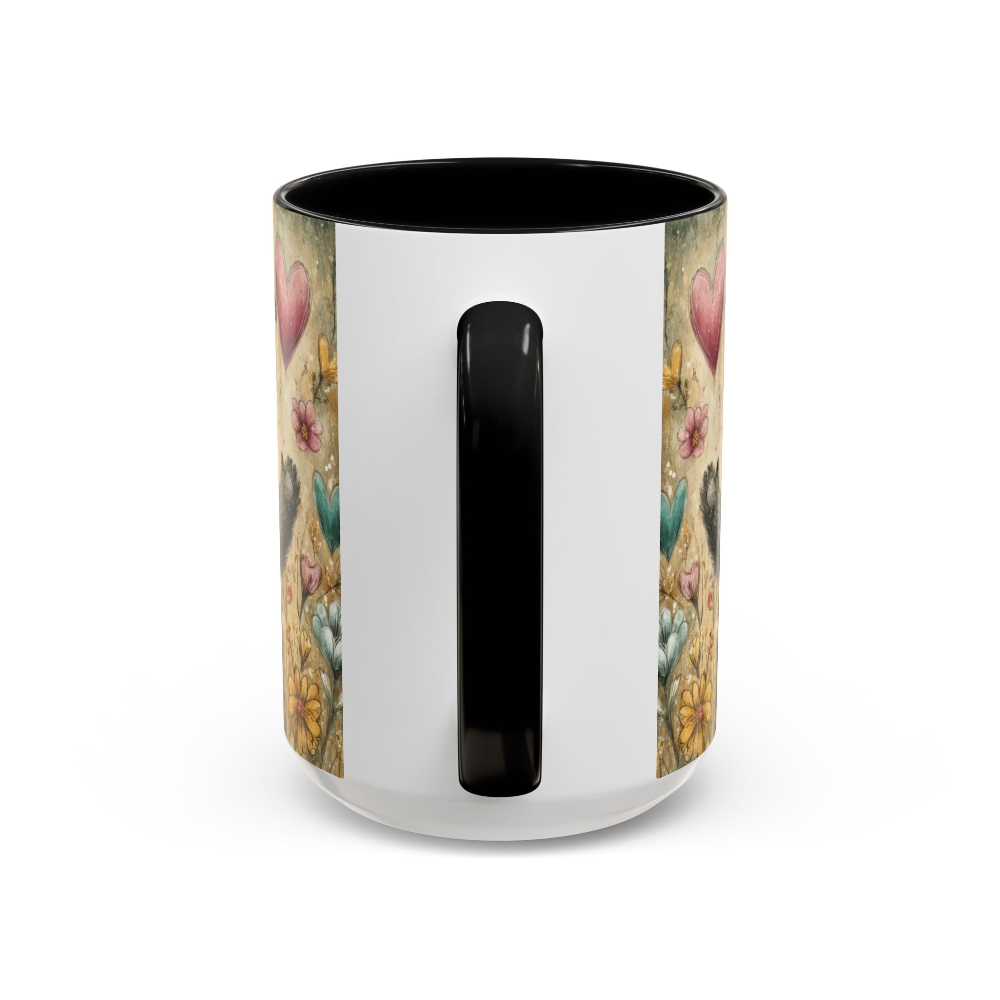 Back side of a 15oz. black accent mug with floral pattern on a white background
