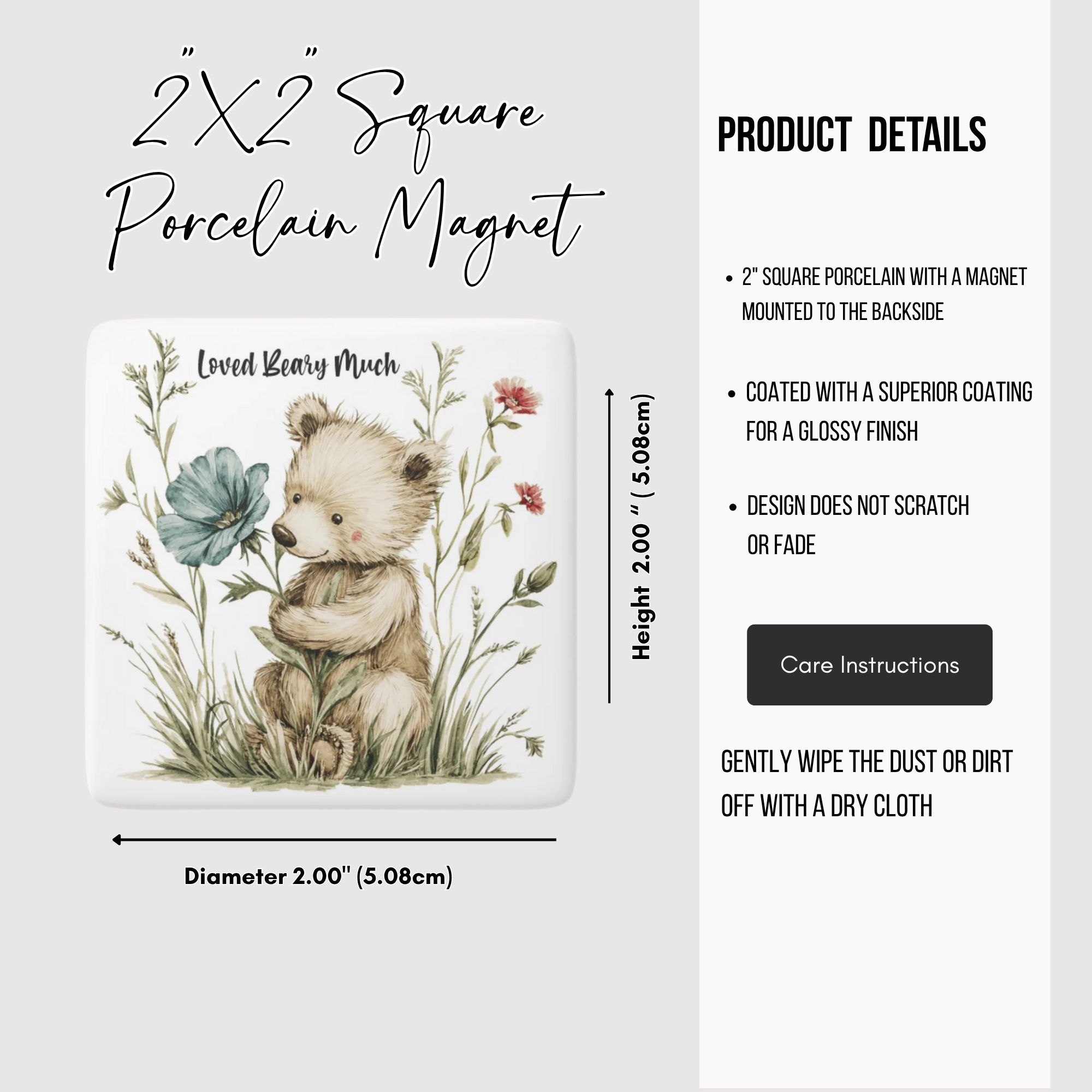Square porcelain magnet with bear and floral design, product details on the right.