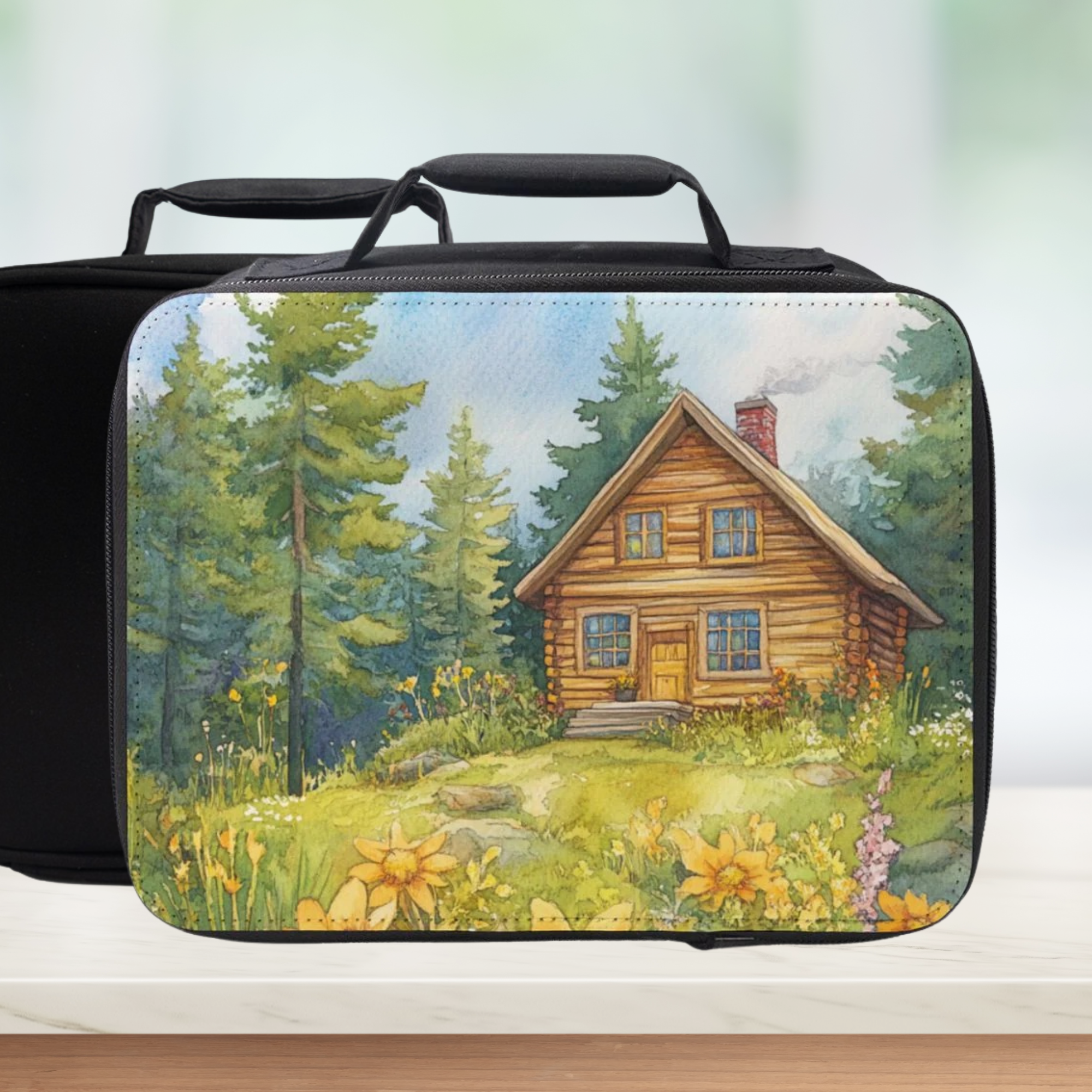 Black lunch bag with a scenic design of a wooden cabin in the woods.