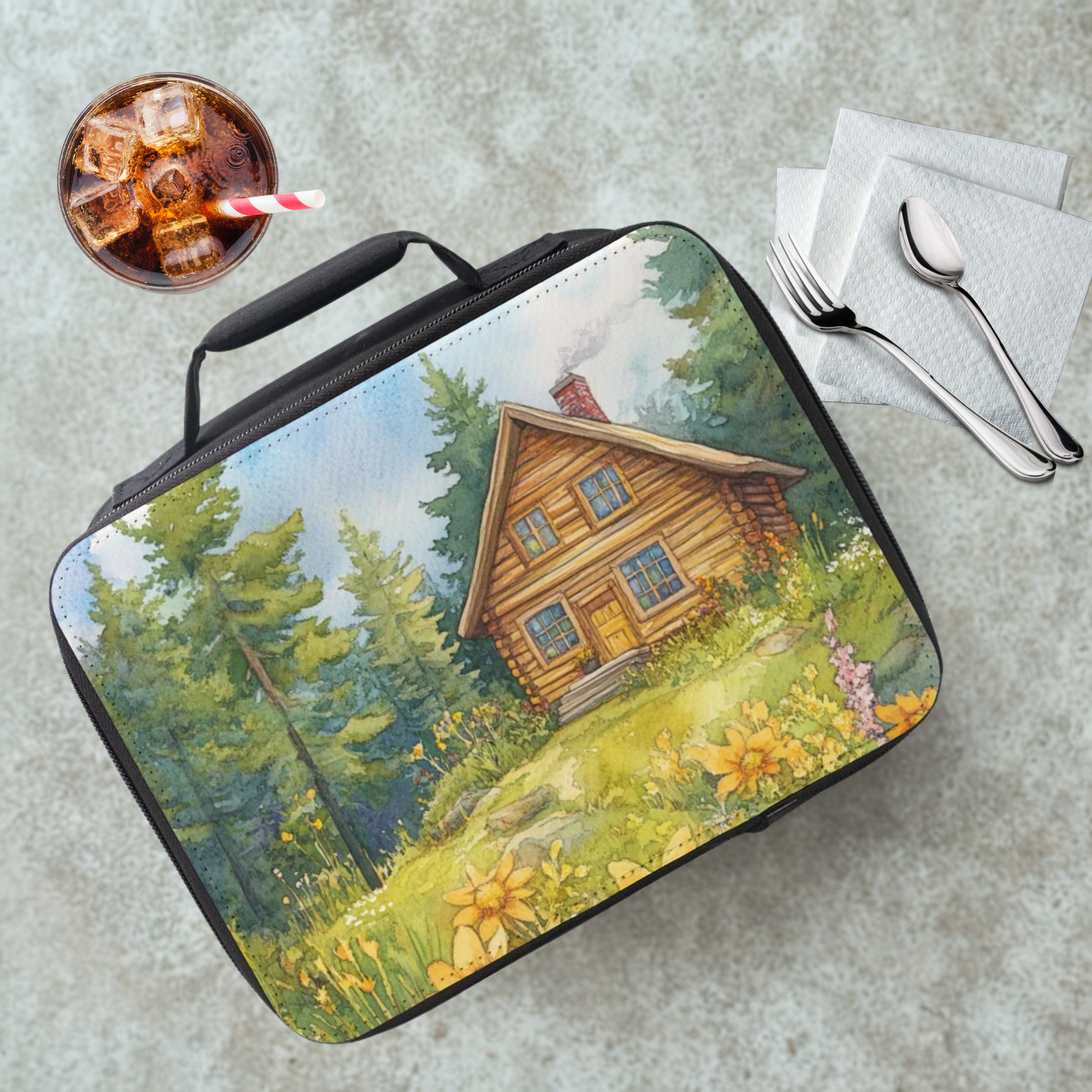  insulated lunch bag with a scenic design of a cabin in the woods, placed on a cafeteria table with a drink and utensils.