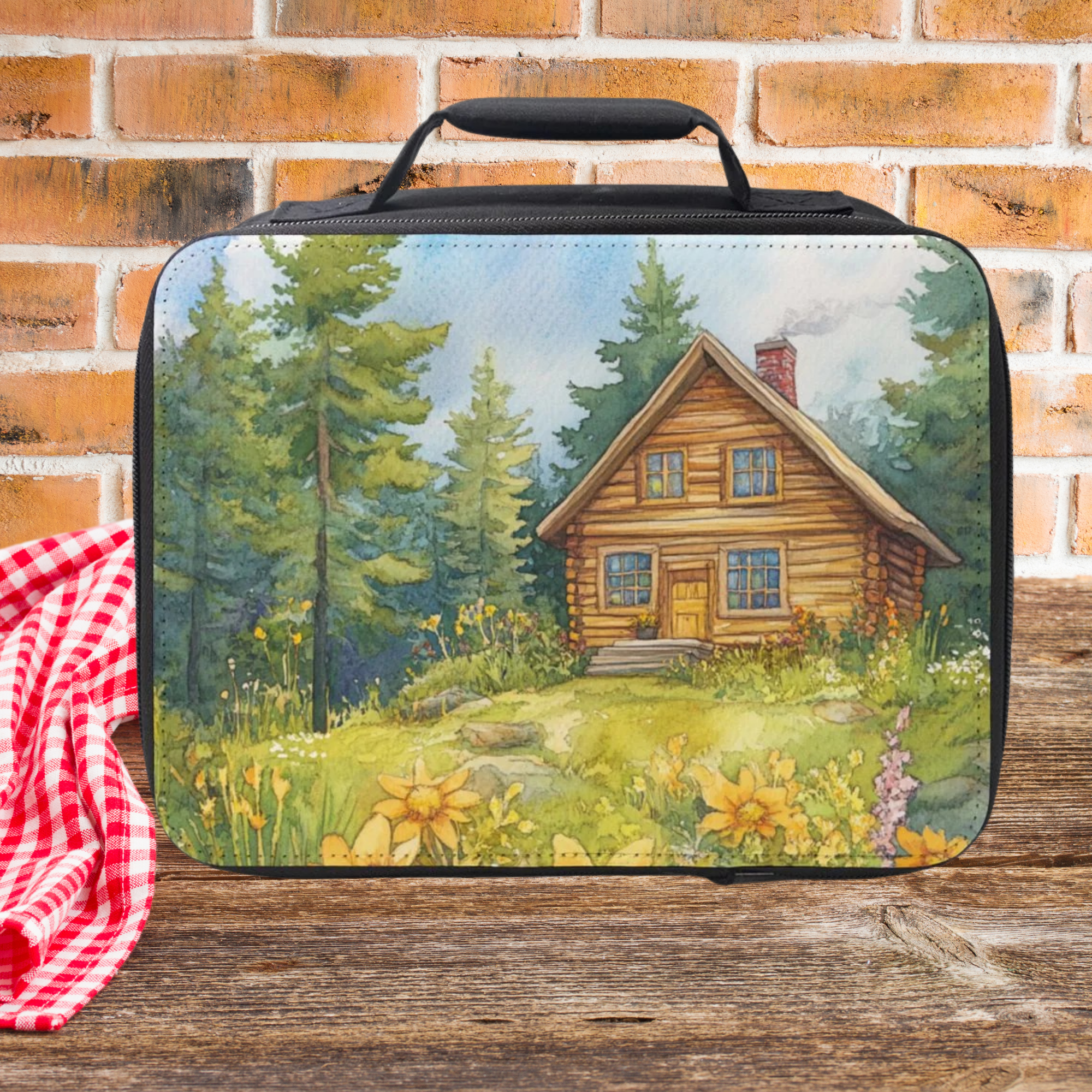 Lunch bag with a cabin design on a picnic table against a brick wall