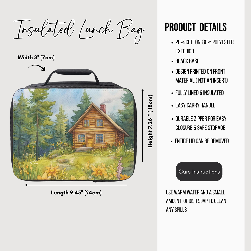 Insulated lunch bag with cabin design and product details on a white background