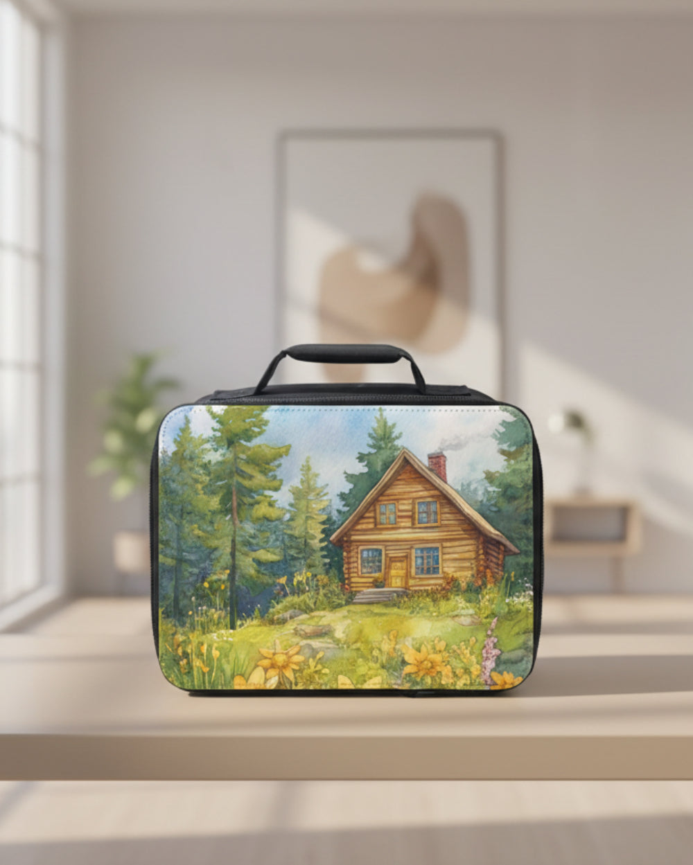  insulated lunch bag with a cabin and nature design in an office setting