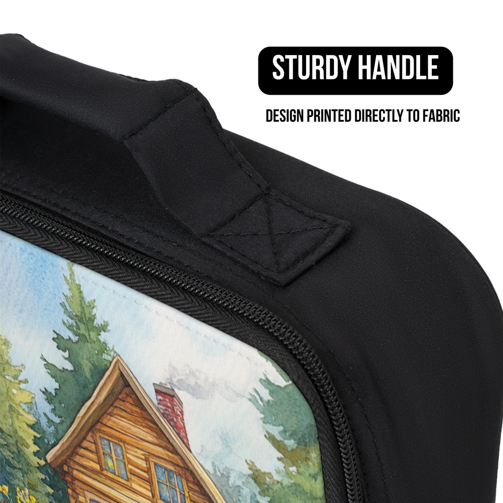 Black lunch bag with a printed design of a cabin and trees, featuring a sturdy handle.