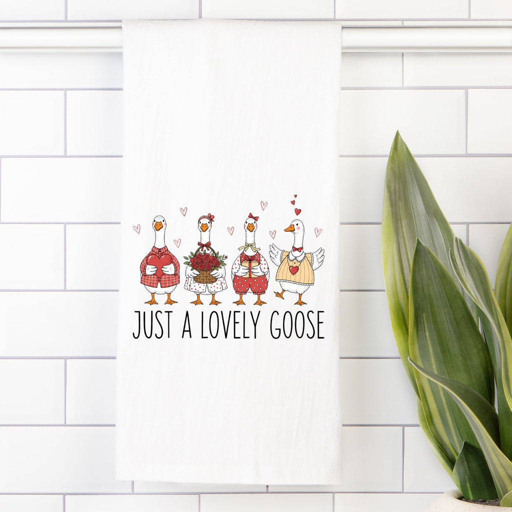 Cartoon geese family with text 'Just a Lovely Goose' on a white tiled wall.