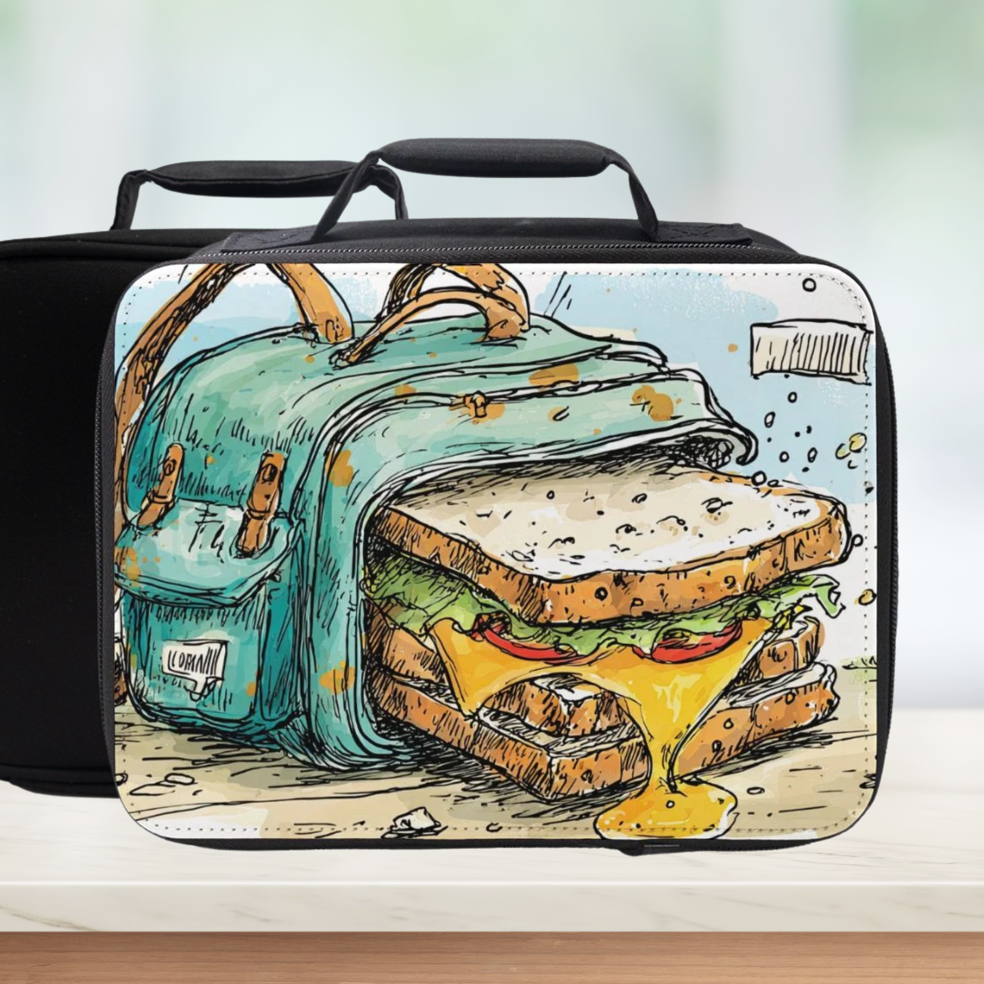 Lunch bag with a sandwich and backpack illustration on a white background