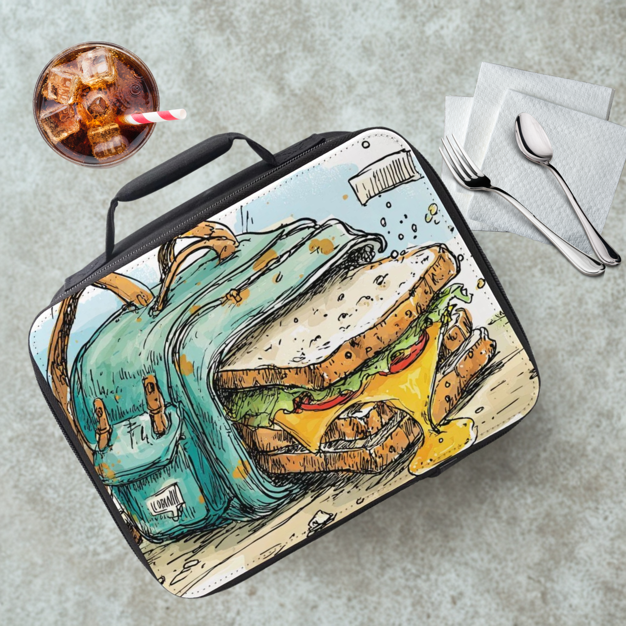 Lunch bag with a sandwich design on a cafeteria table with a drink and utensils.