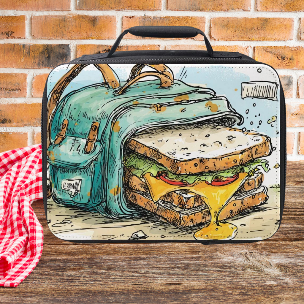 Lunch bag with a sandwich design on a wooden picnic table against a  brick wall background