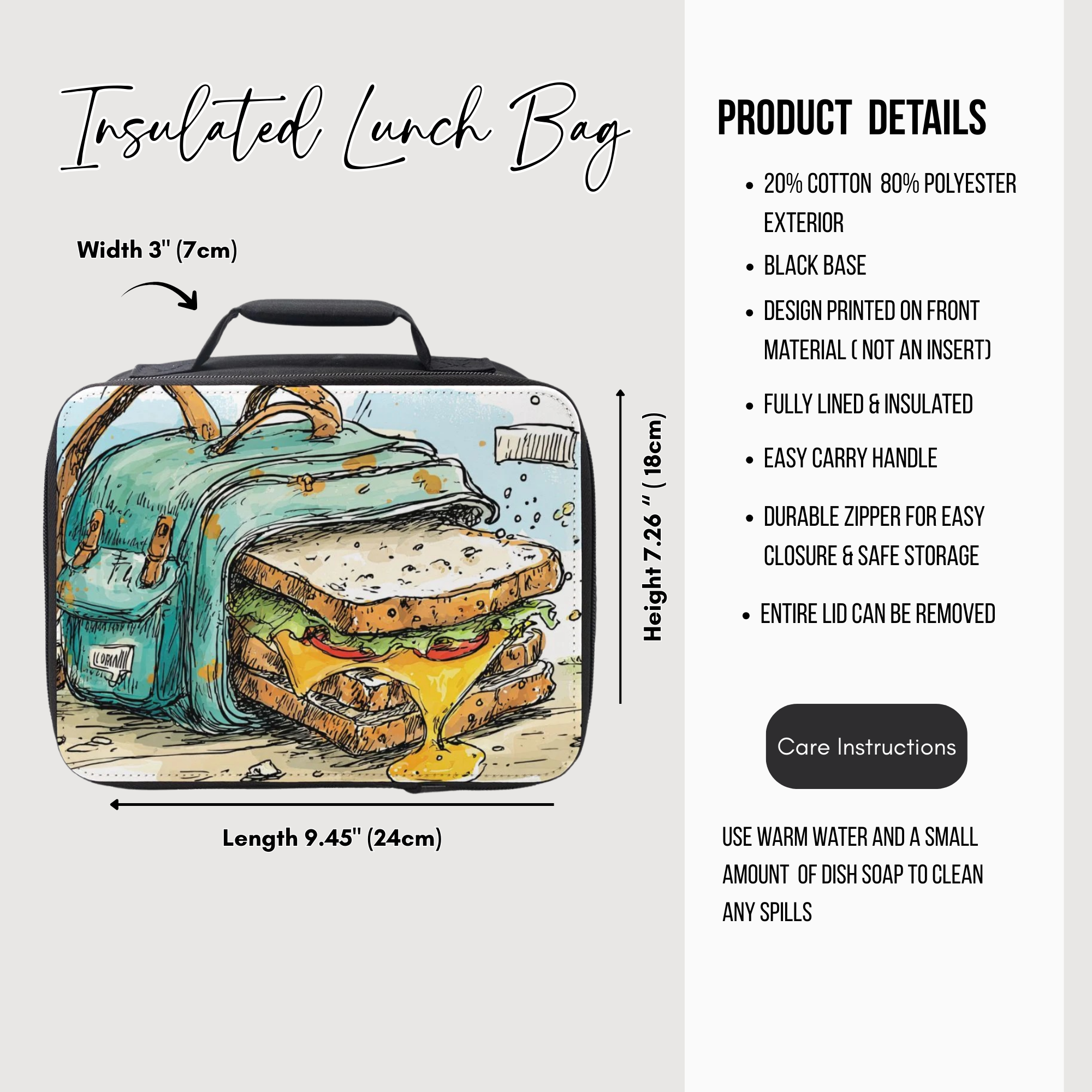 Insulated lunch bag with a sandwich illustration and product details on a white background