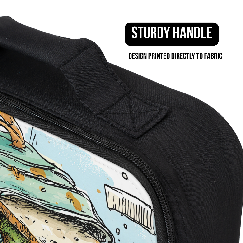 Black lunch bag with a design printed directly to fabric and a sturdy handle.