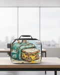 Lunch bag with a cartoon design of a cheeseburger and bottle on a desk in an office