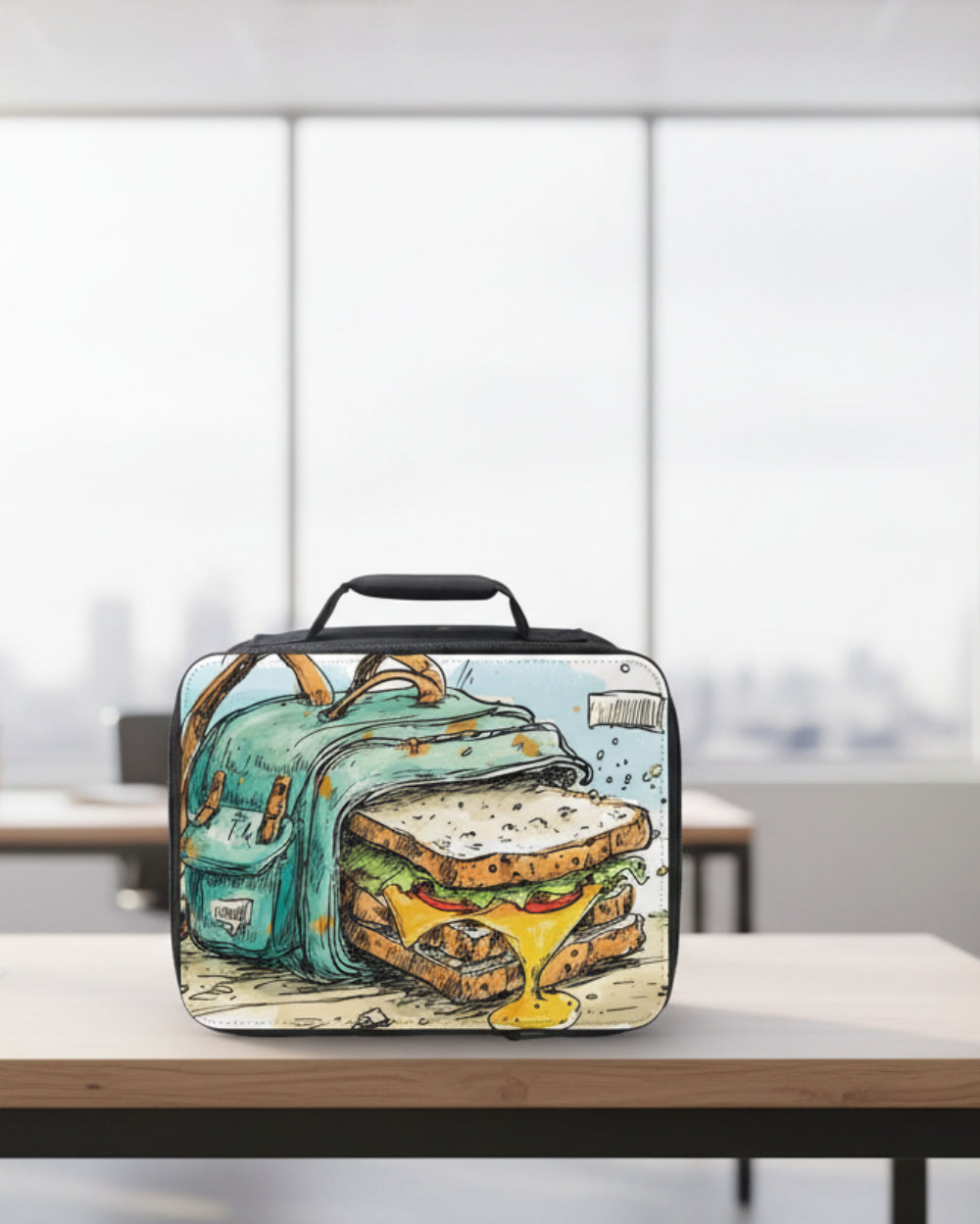 Lunch bag with a cartoon design of a cheeseburger and bottle on a desk in an office