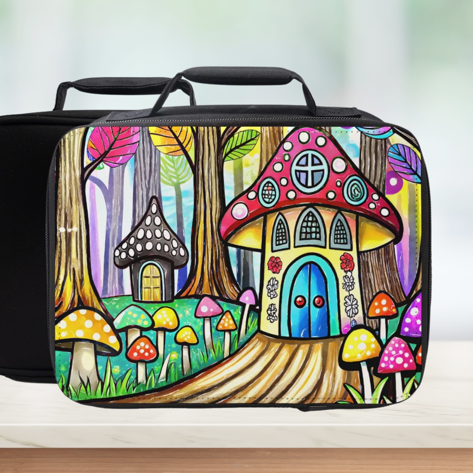 Colorful mushroom house design on a black lunch bag with a blurred background