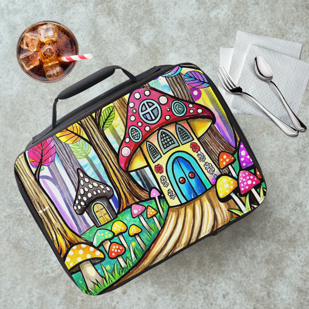 Colorful lunch bag with mushroom house design on a cafeteria table with a drink and utensils.
