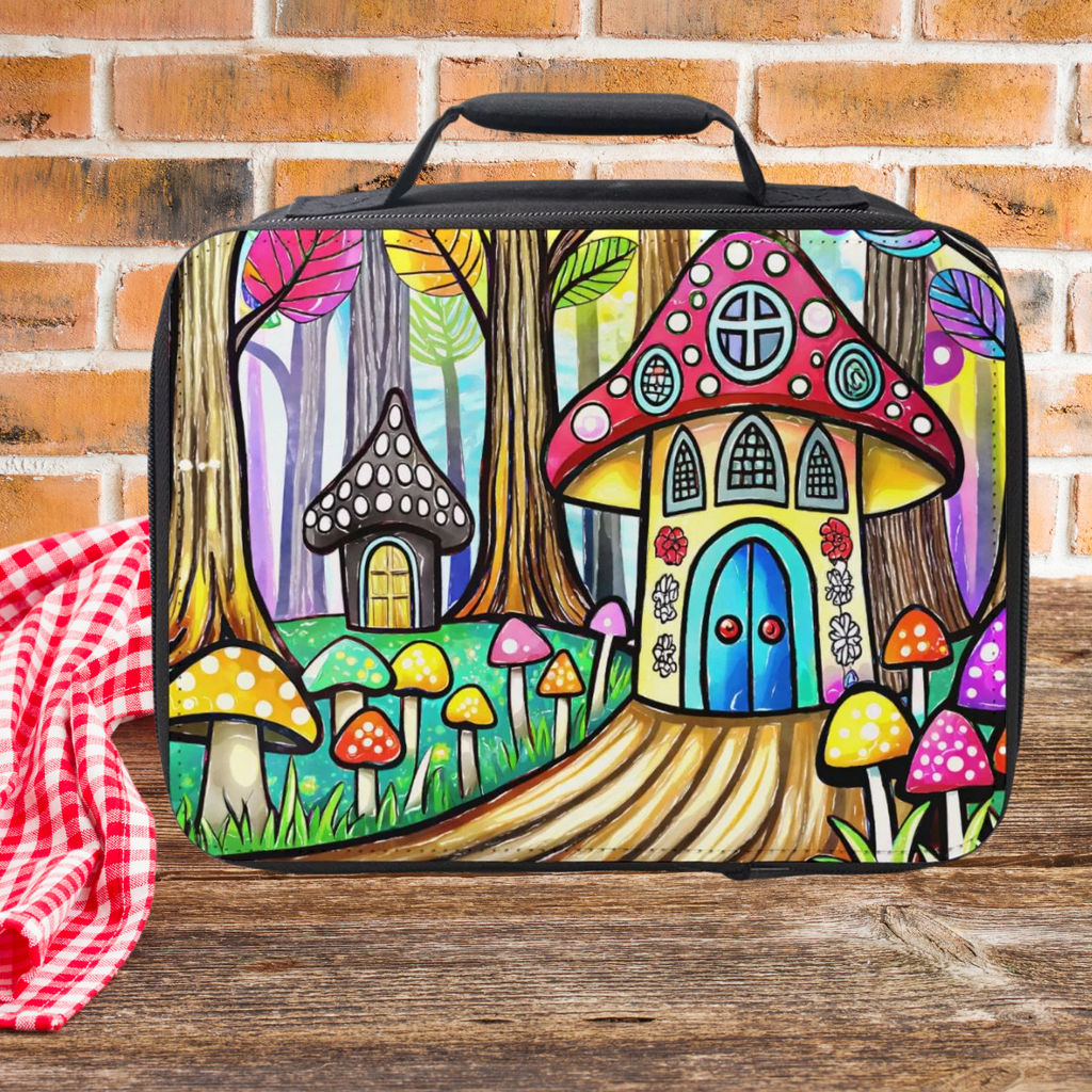Colorful mushroom house design on a lunch bag sitting on a wooden picnic table against a brick wall background