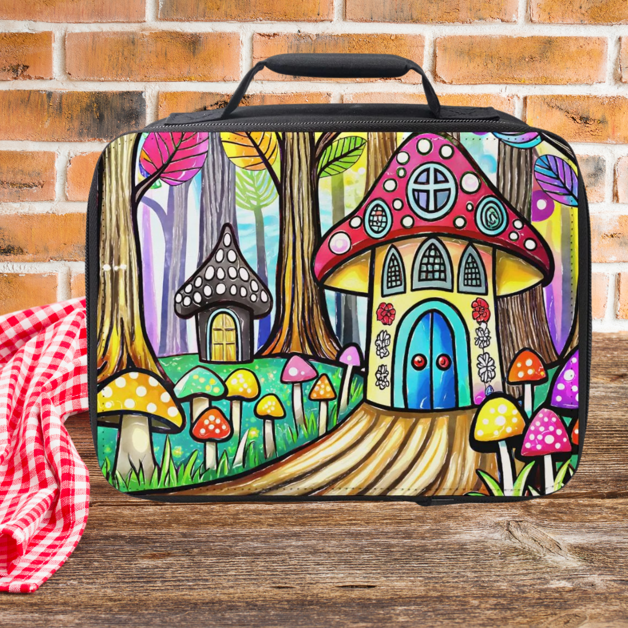 Colorful mushroom house design on a lunch bag sitting on a wooden picnic table against a brick wall background