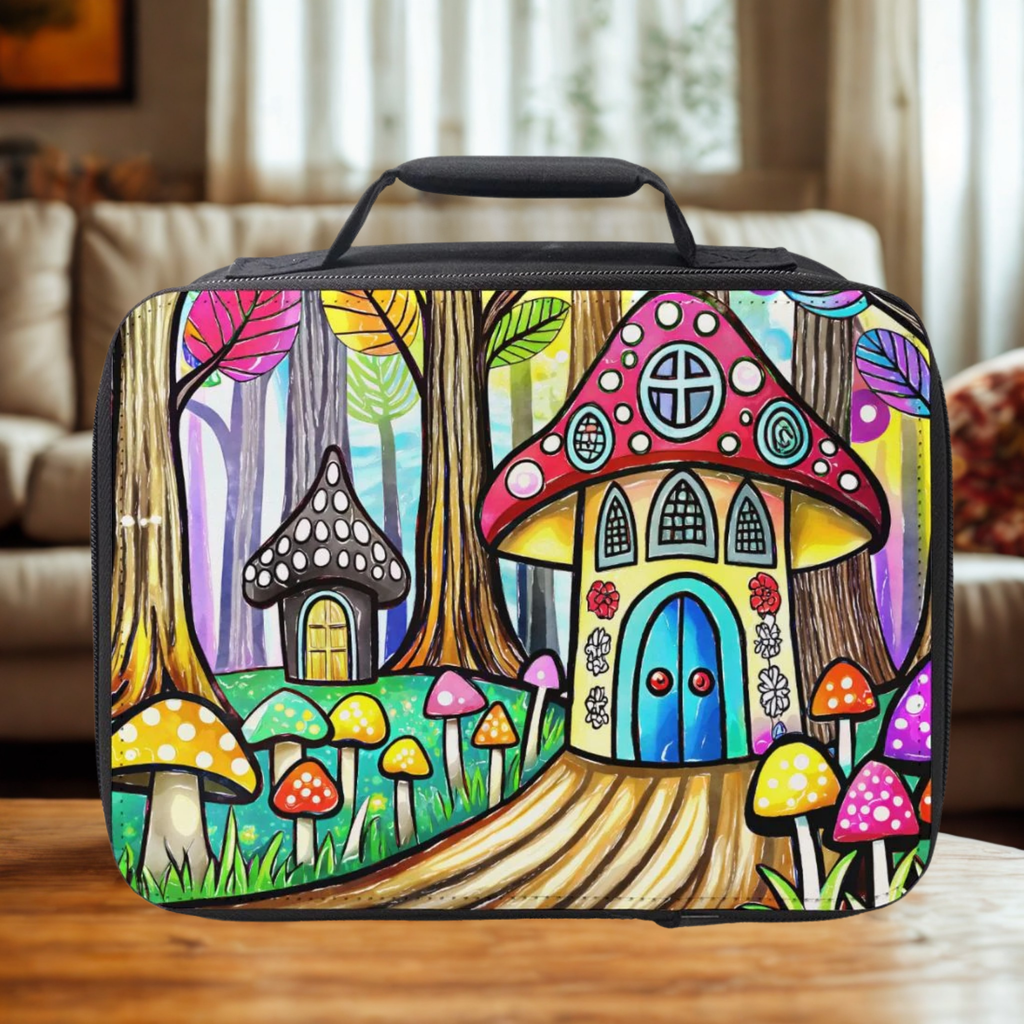 Colorful mushroom house design on a lunch bag in a home setting