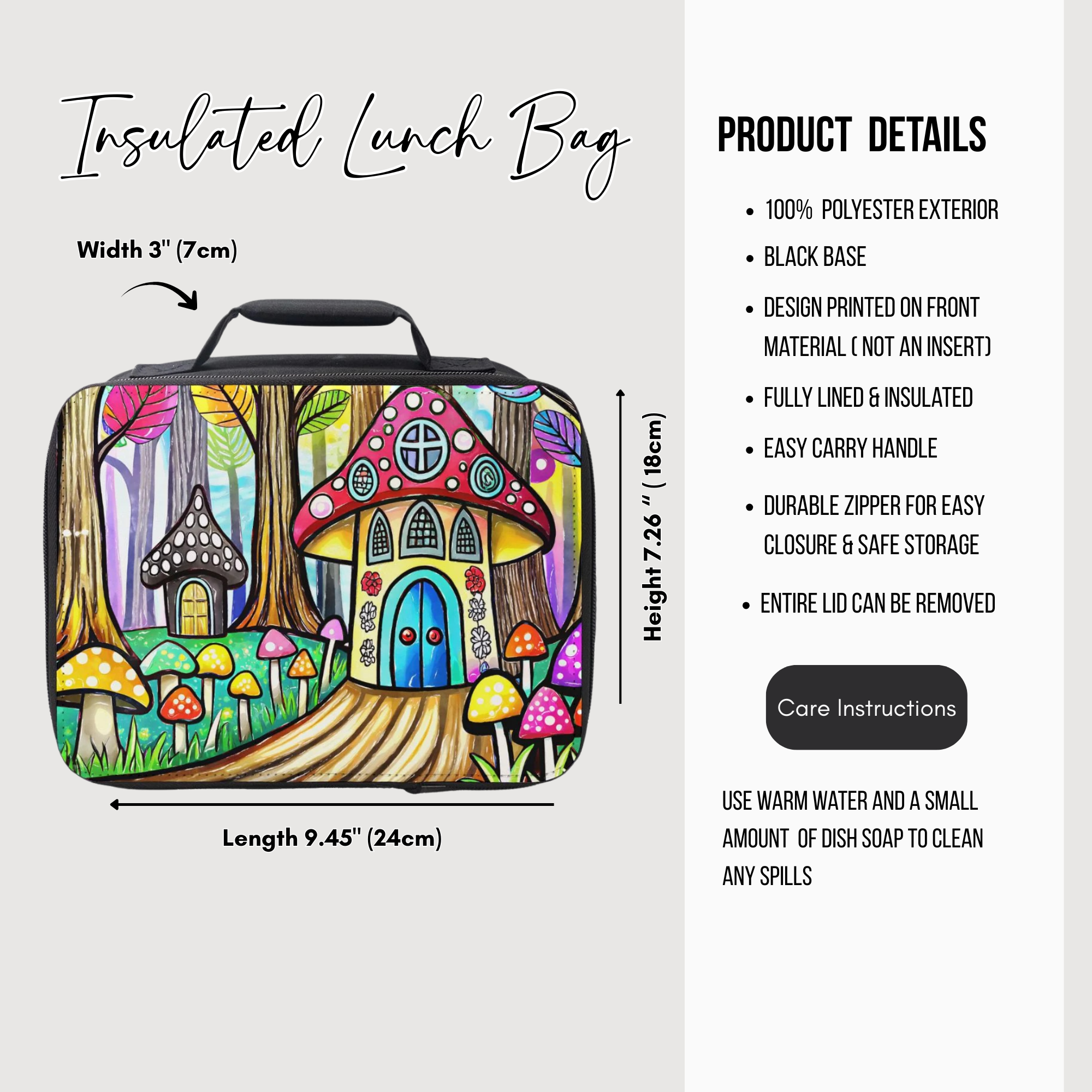 Insulated lunch bag with mushroom house design and product details on a white background