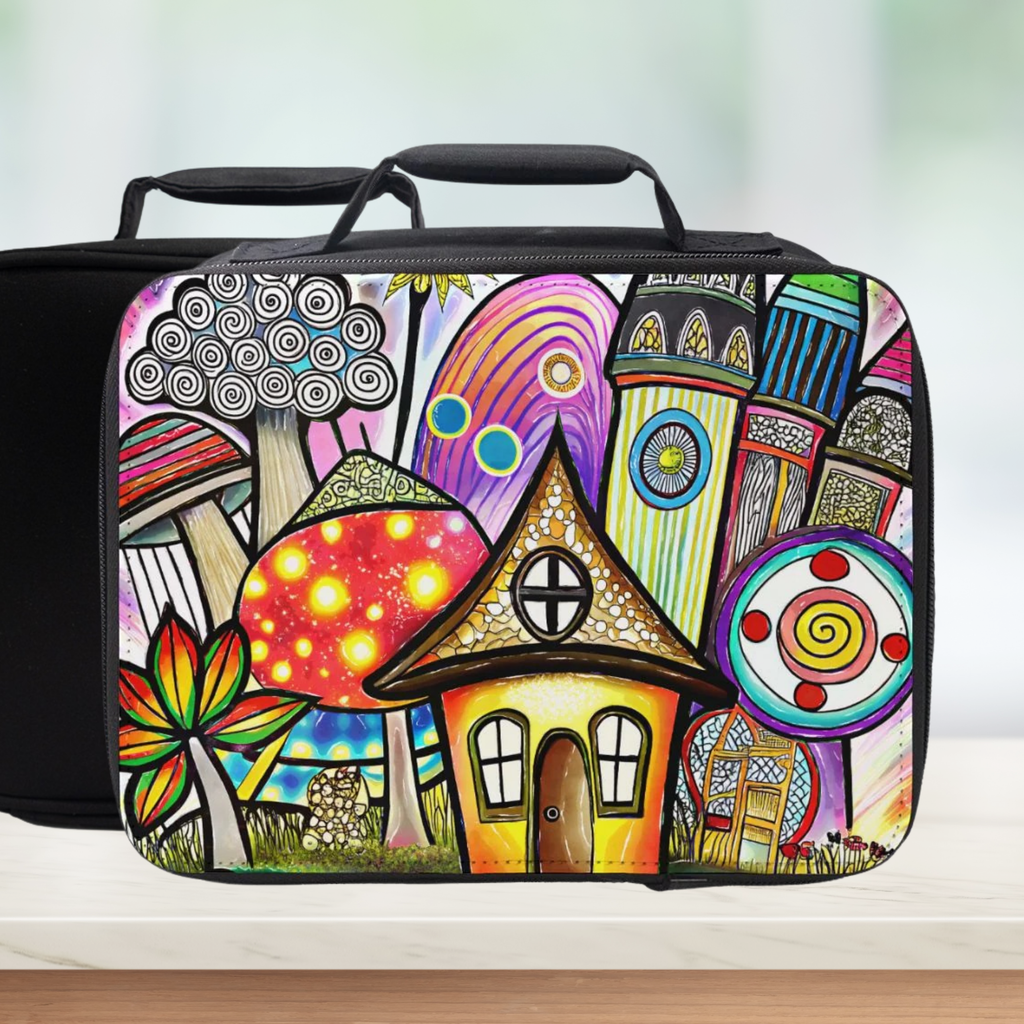 Colorful lunch bag with a house and mushroom design on a white background