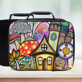Colorful lunch bag with a house and mushroom design on a white background