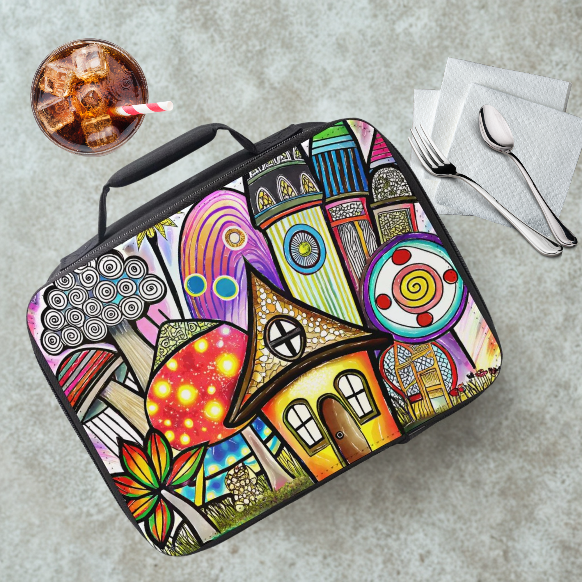 Colorful lunch bag with artistic design on a cafeteria table with a drink and utensils.