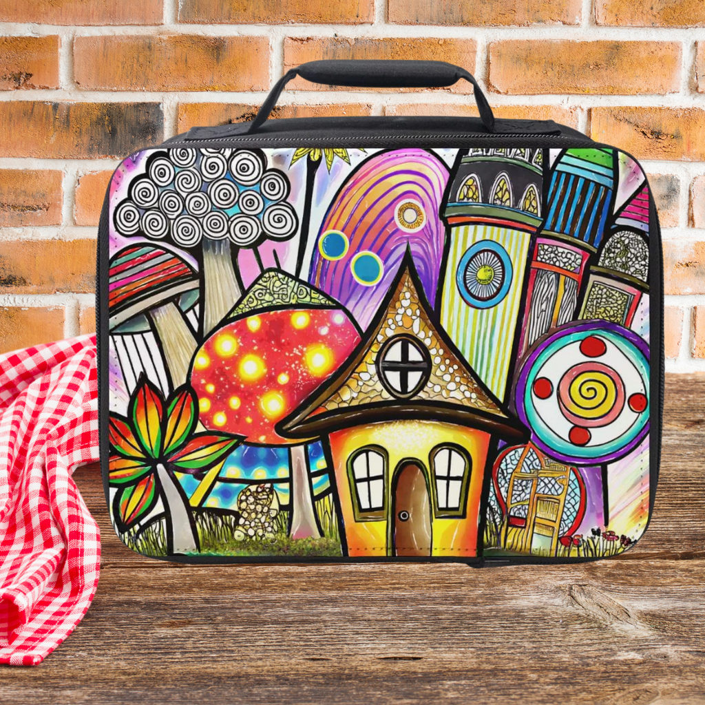 Colorful art-style house design on a lunch bag sitting on a picnic table against a brick wall background