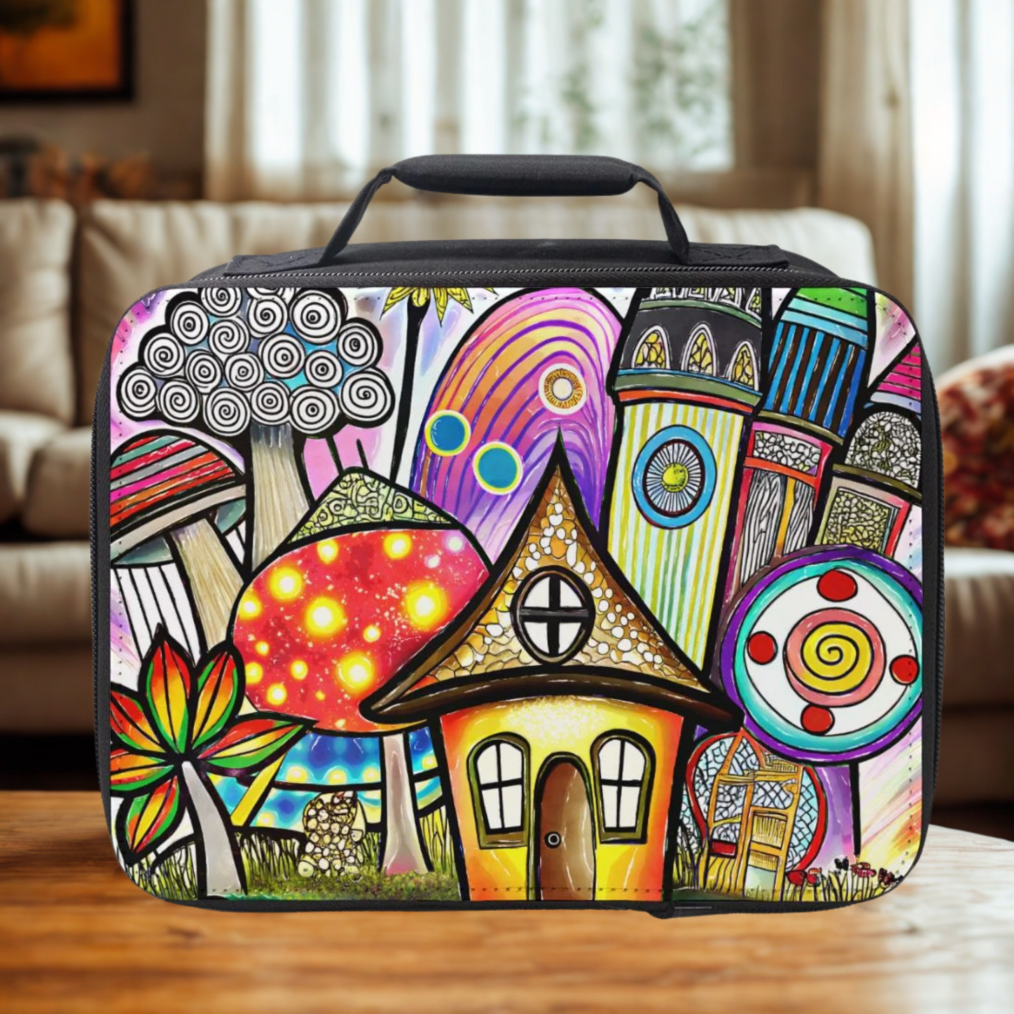 Colorful lunch bag with a whimsical design of houses, trees, and mushrooms on a wooden table in a cozy living room.