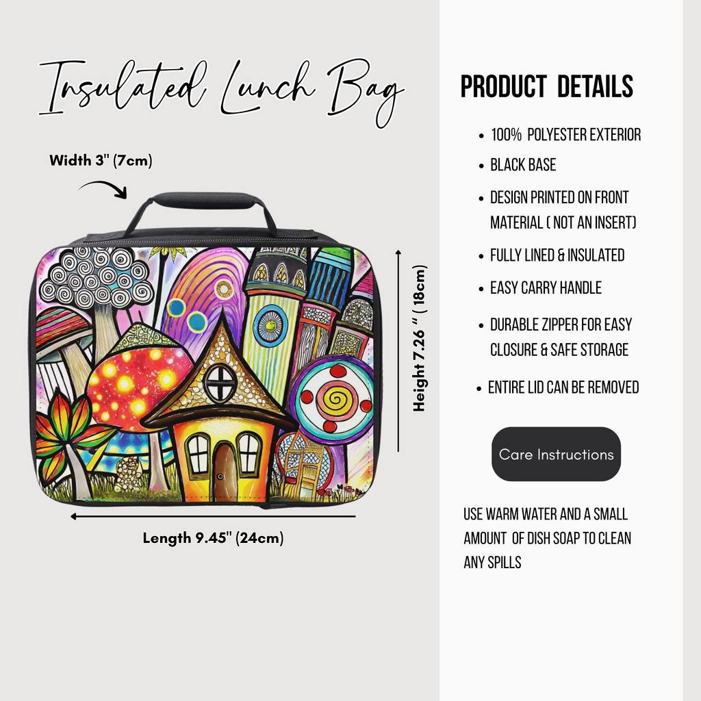Insulated lunch bag with colorful design and product details on a white background