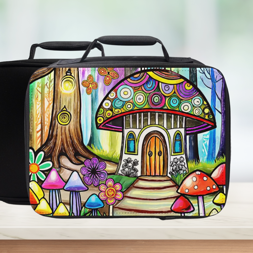 Colorful mushroom house design on a black lunch bag with a blurred background