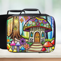 Colorful mushroom house design on a black lunch bag with a blurred background