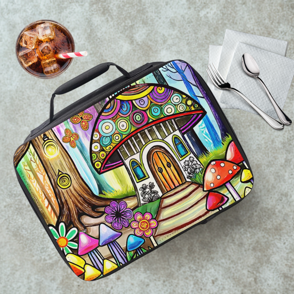 Colorful lunch bag with mushroom house design on a gray table with a drink and utensils.