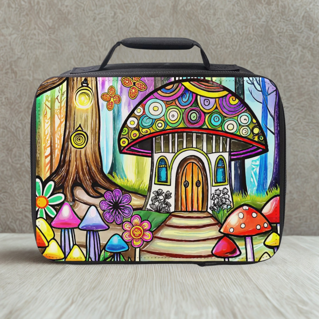 Colorful lunch bag with a mushroom house design on a neutral background