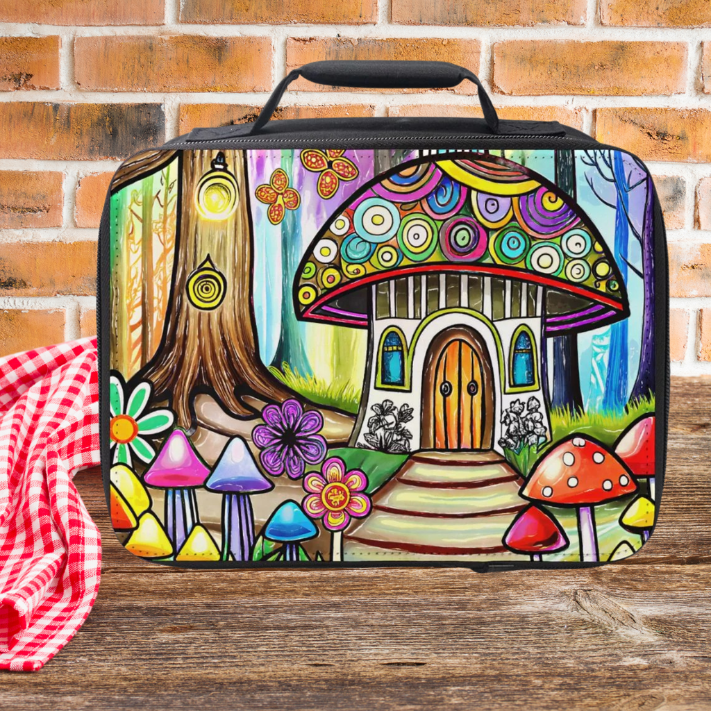Colorful mushroom house design on a lunch bag against a brick wall background