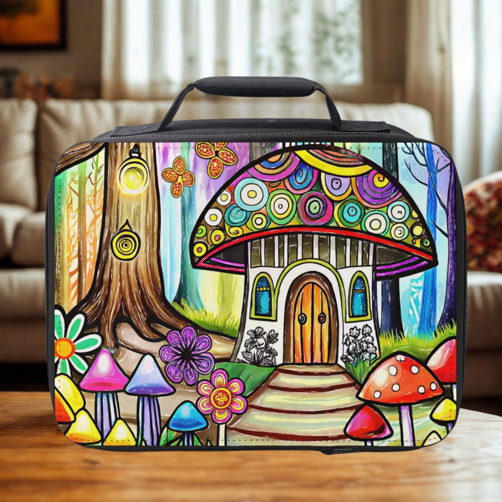 Colorful mushroom house design on a suitcase in a living room setting