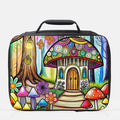 Colorful insulated lunch bag with a mushroom house design on a white background