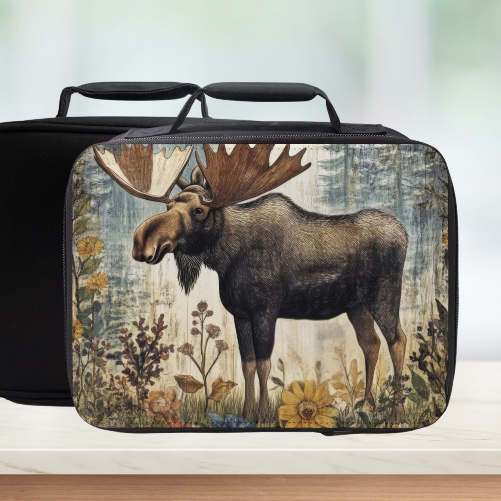 Black lunch bag with a moose design on a white background