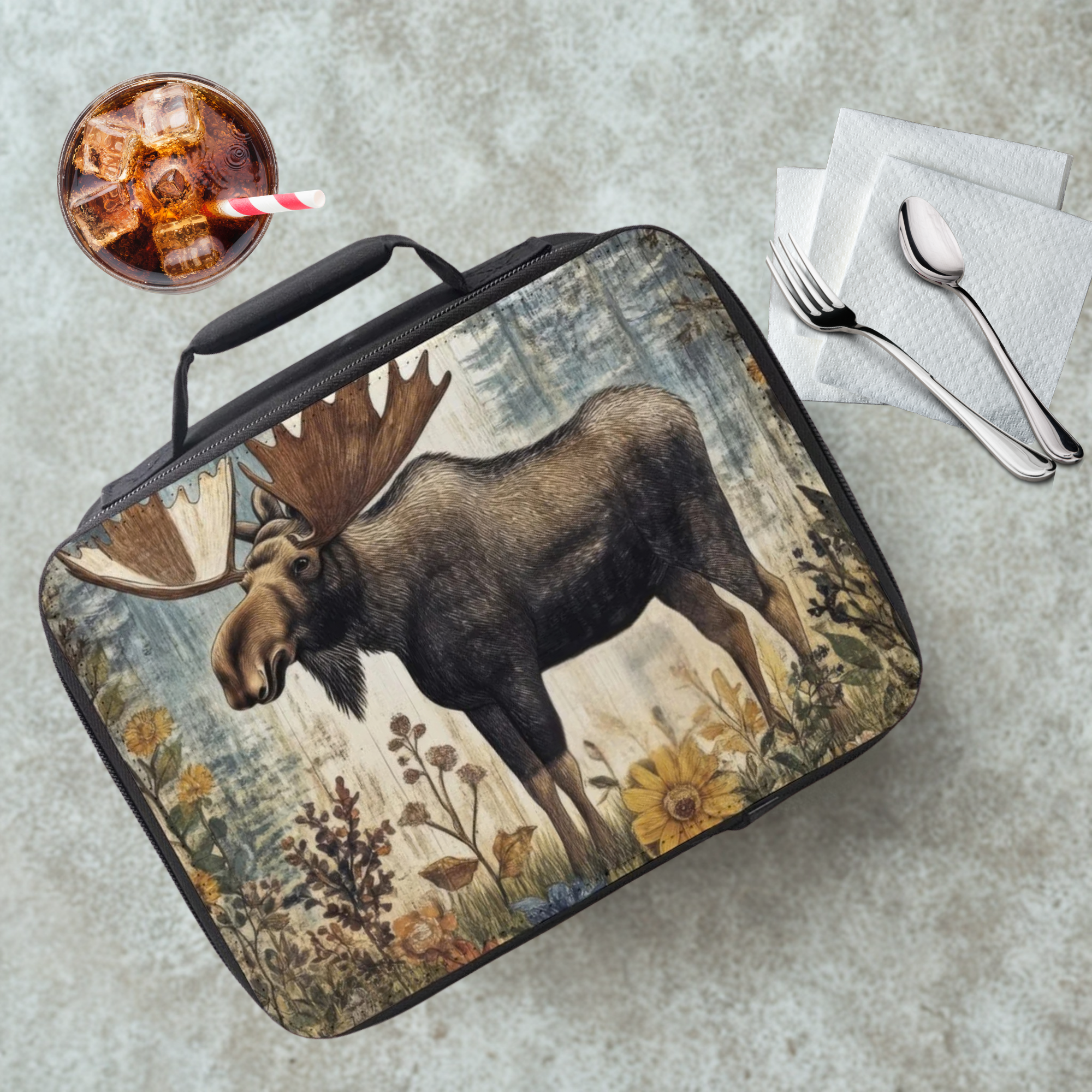 Lunch bag with moose design on a table with a drink and utensils.