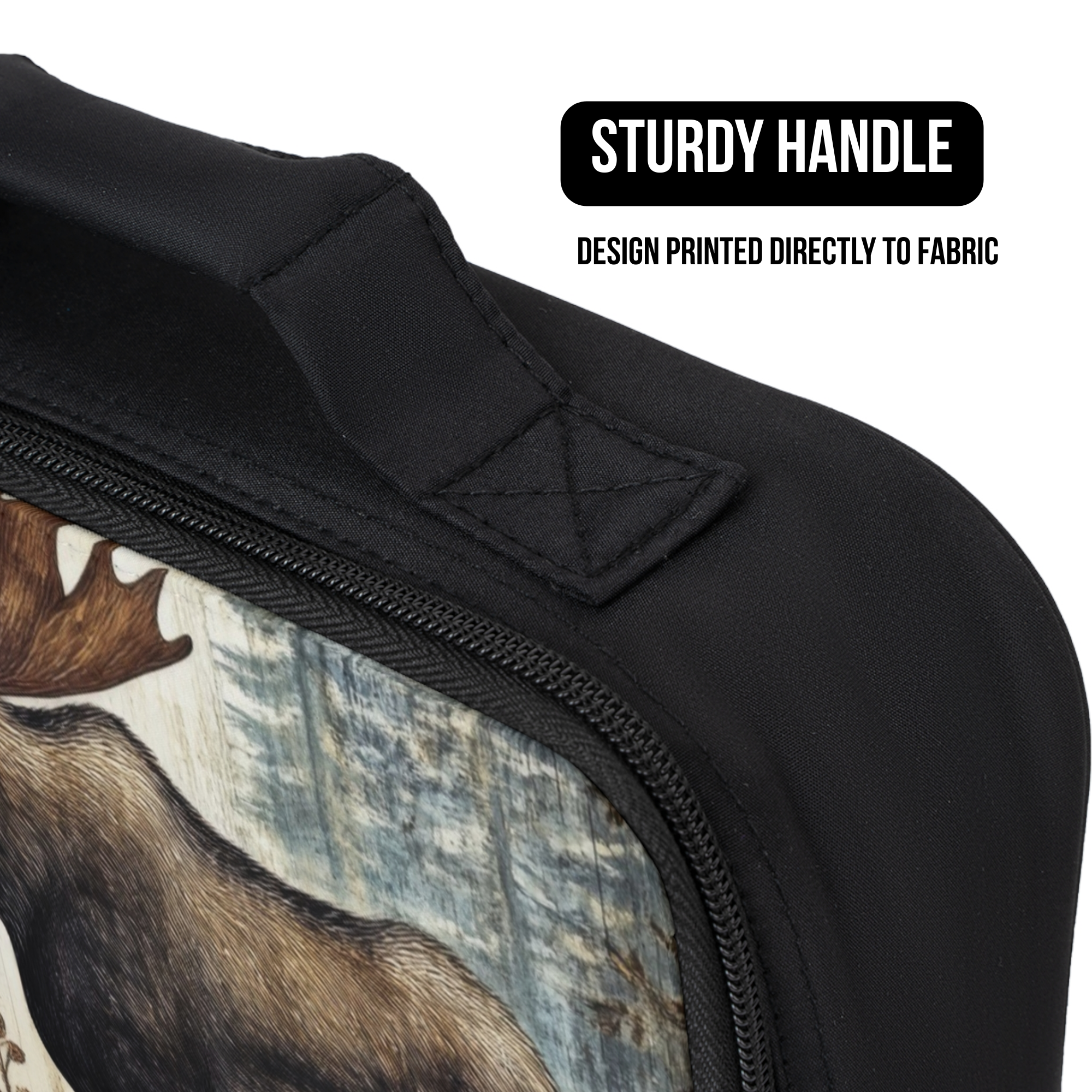 Black lunch bag with a moose design and text about a sturdy handle and printed fabric.