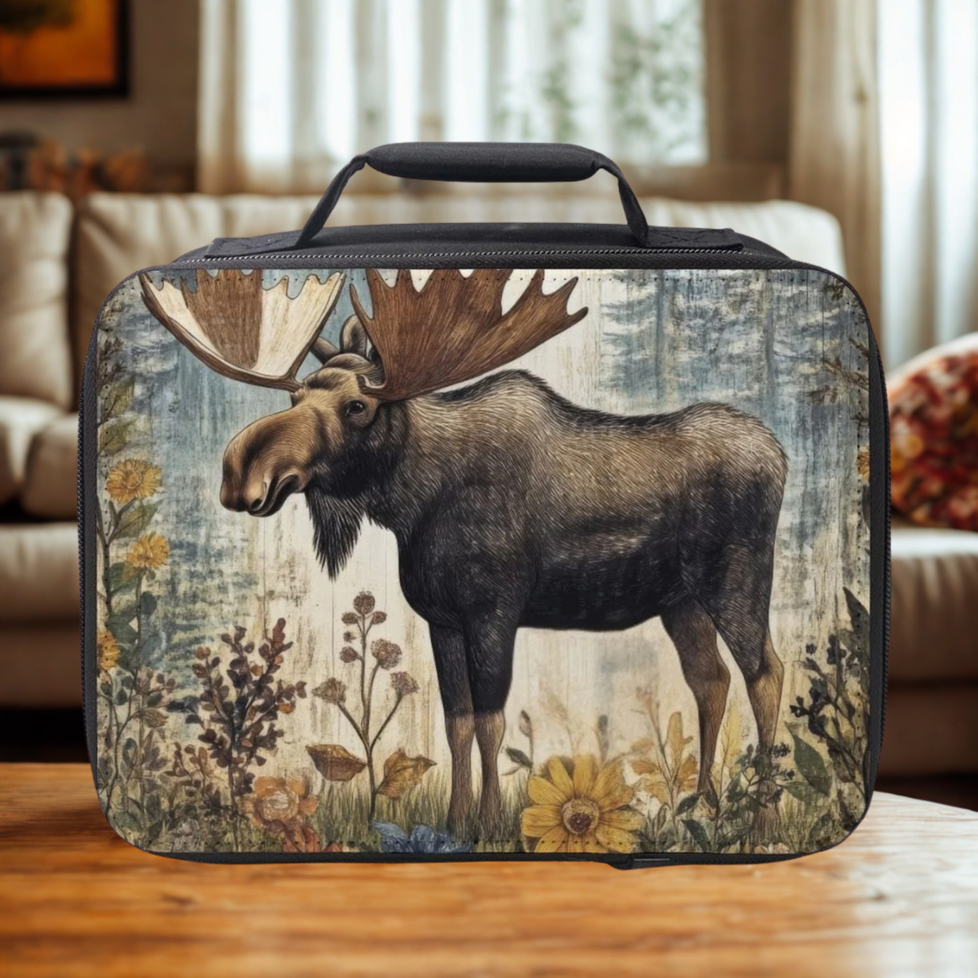  insulated lunch bag with moose design on a wooden coffee table in a cozy living room